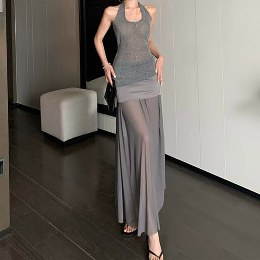 Black Halter Crop Top and High Waist Maxi Skirt Set