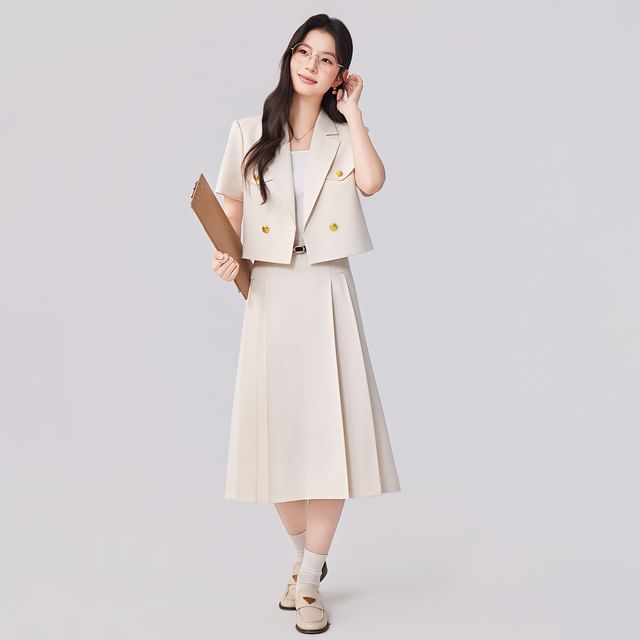 Short-Sleeve Double-Breasted Blazer and Pleated Midi A-Line Skirt Set