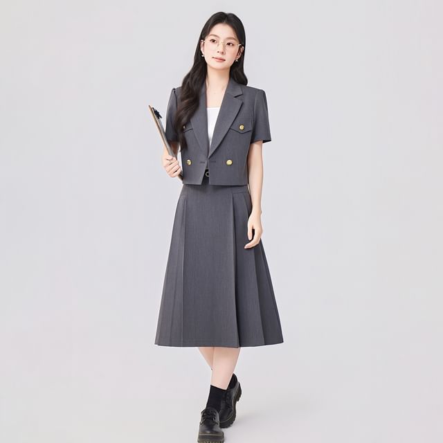 Short-Sleeve Double-Breasted Blazer and Pleated Midi A-Line Skirt Set