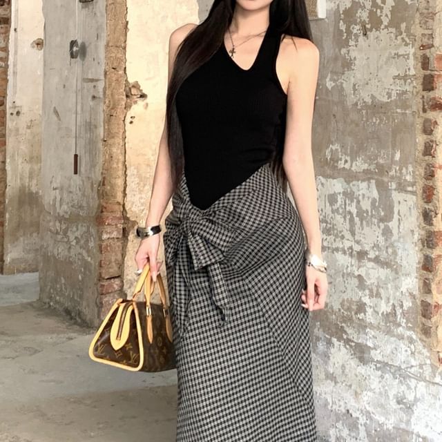 Asymmetrical Neck Tank Top and Plaid Tie-Up Maxi Pencil Skirt Set
