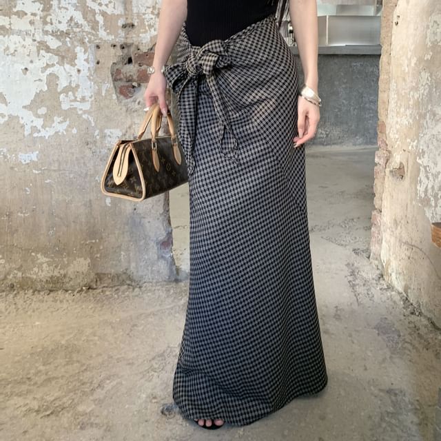 Asymmetrical Neck Tank Top and Plaid Tie-Up Maxi Pencil Skirt Set