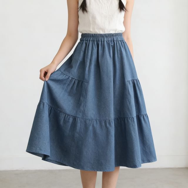 High Waist Denim Midi A-Line Skirt