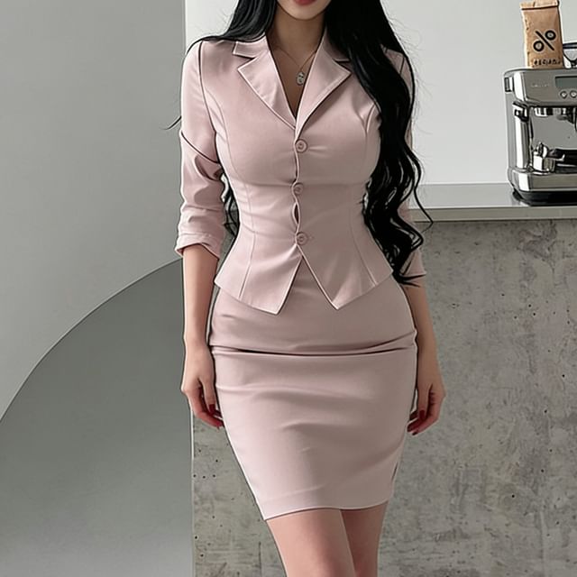 Notch Lapel Lace Up Blazer and High Waist Slit Pencil Skirt Set