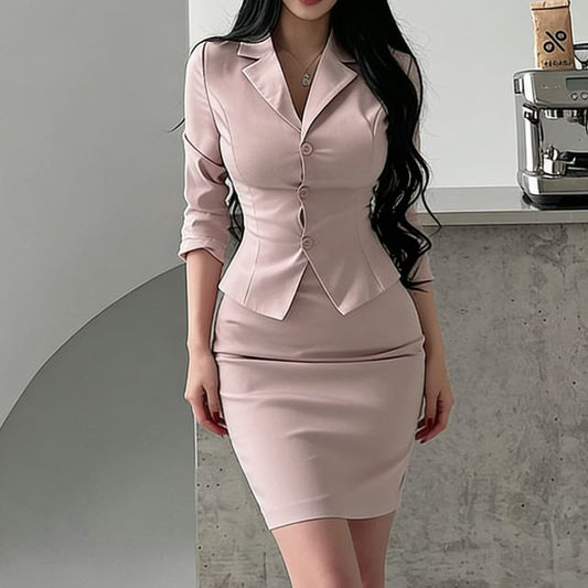 Notch Lapel Lace Up Blazer and High Waist Slit Pencil Skirt Set