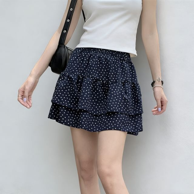 Elastic Waist Dotted Mini Tiered Skirt