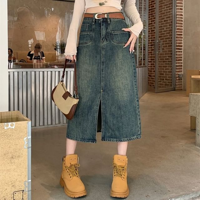 Mid Rise Washed Denim Midi A-Line Skirt