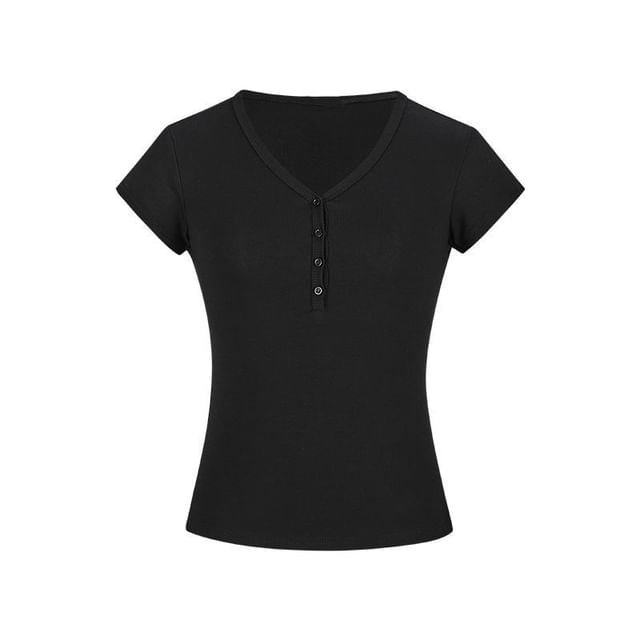 Half-Buttoned V-Neck Top with Short Sleeves