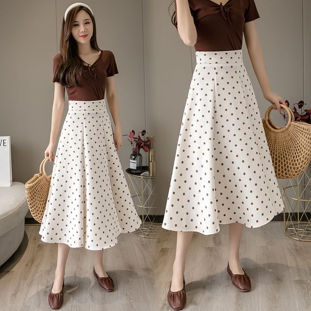 High Waist Polka Dot Midi A-Line Skirt