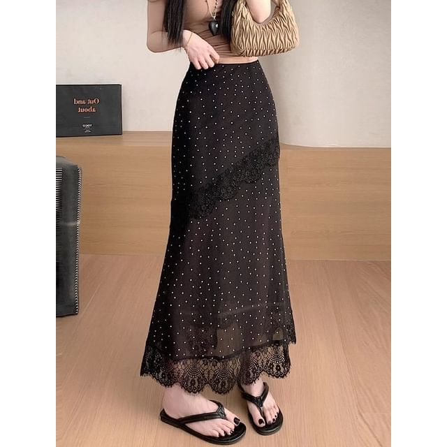 High Waist Polka Dot Asymmetrical Lace Panel Maxi Mermaid Skirt