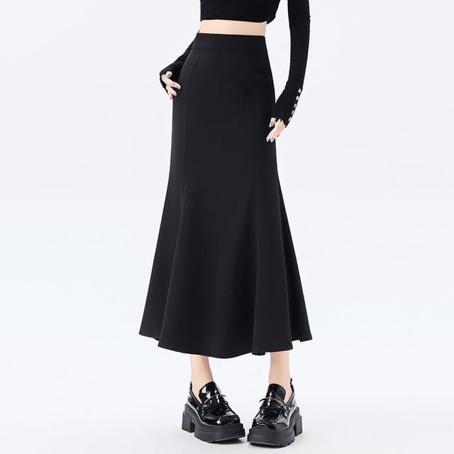 High Waist Plain Slit Midi Mermaid Skirt