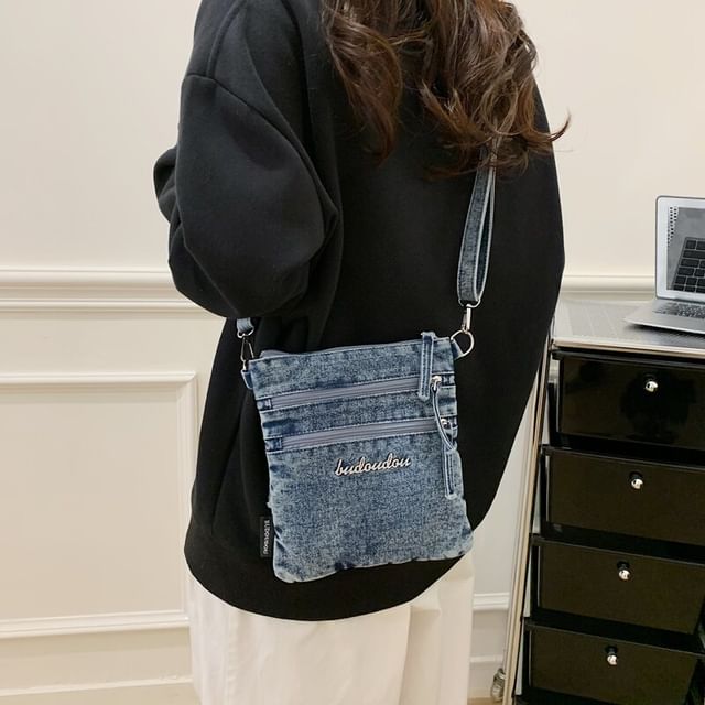 Washed Denim Zip Crossbody Bag