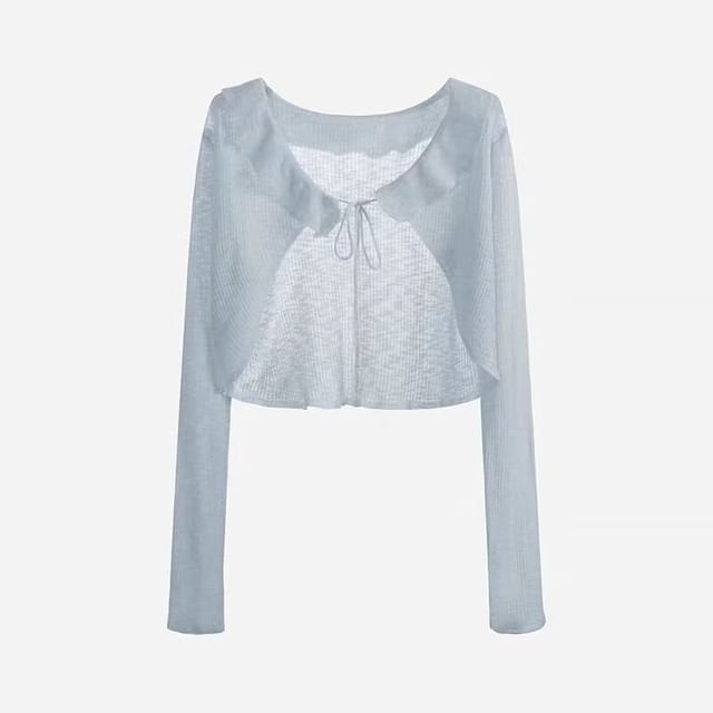 V-Neck Plain Ruffle Ribbed Tie Front Cardigan
