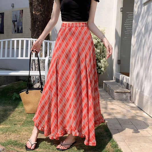 High Waist Plaid Maxi A-Line Skirt