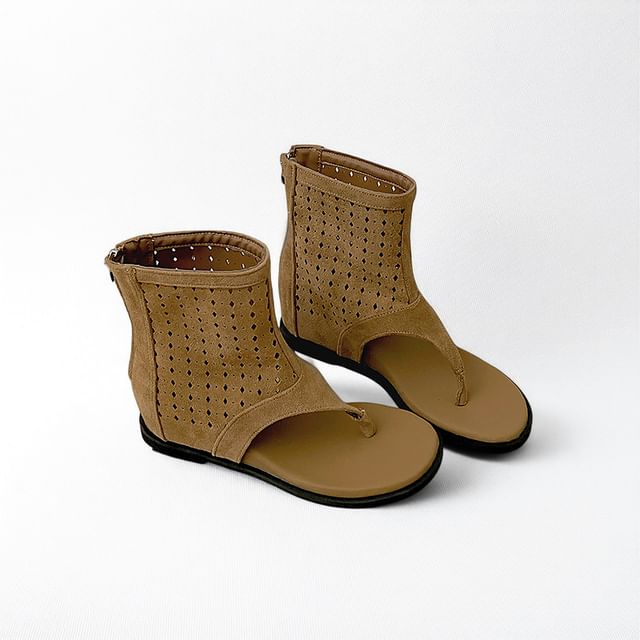 Perforated Faux Suede Ankle Cuff Hidden Wedge Thong Sandals