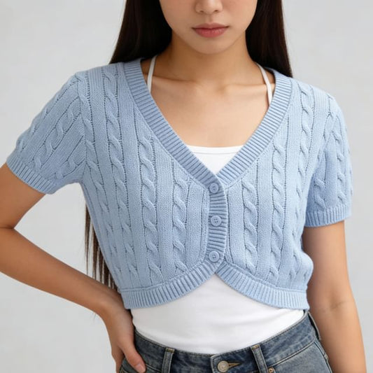 Short-Sleeve V-Neck Plain Cable Knit Crop Cardigan