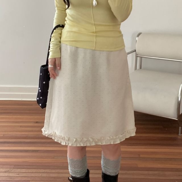 Mid Rise Dotted Ruffle Trim A-Line Skirt