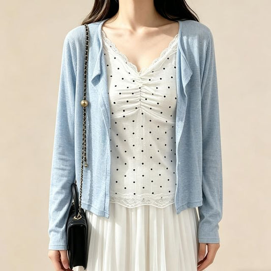 Set: V-Neck Dotted Camisole Top + Plain Cardigan