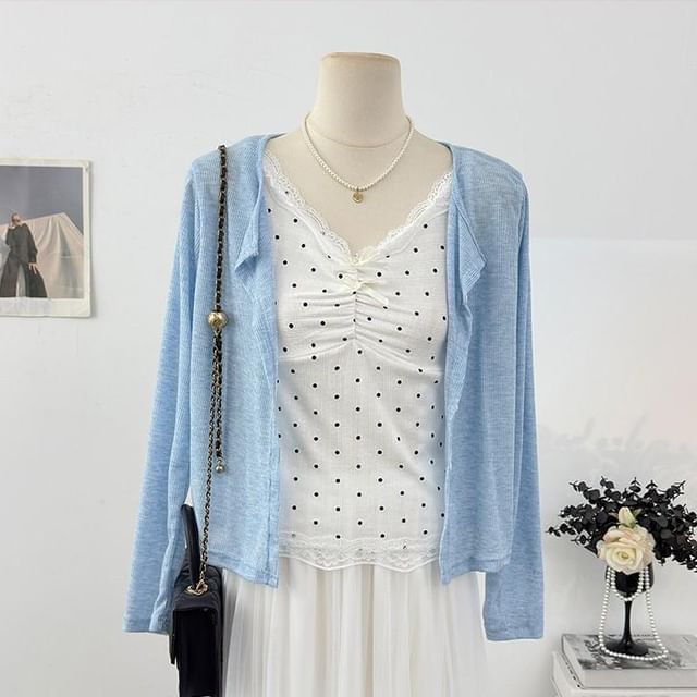 Set: V-Neck Dotted Camisole Top + Plain Cardigan