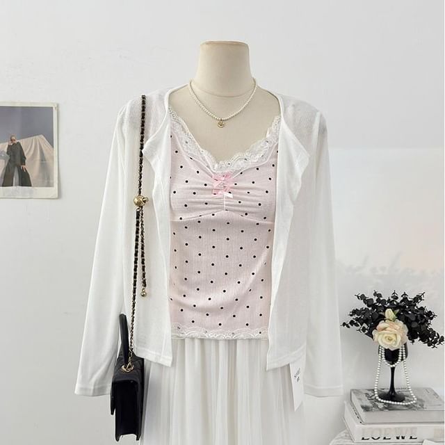 Set: V-Neck Dotted Camisole Top + Plain Cardigan