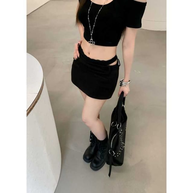 Mock Two-Piece Low Waist Plain Mini Pencil Skirt