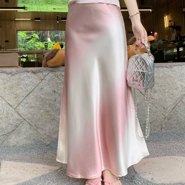 High Waist Gradient Satin Maxi A-Line Skirt