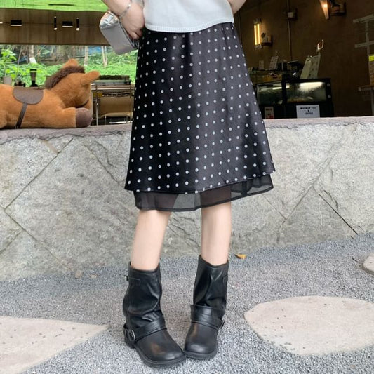 High Waist Polka Dot Overlay Midi A-Line Skirt