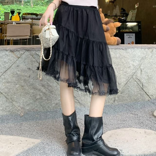 Mid Waist Asymmetrical Sheer A-Line Skirt