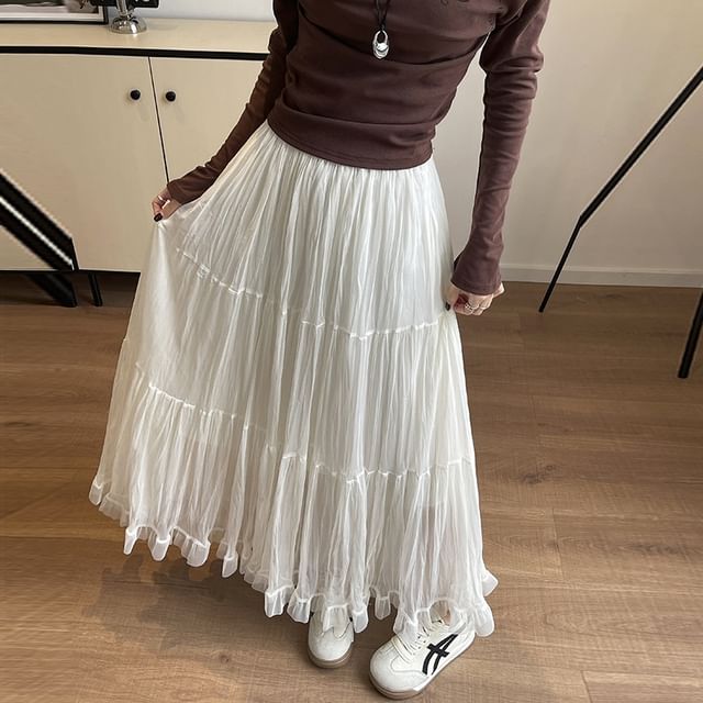 Mid Waist Plain Maxi A-Line Skirt