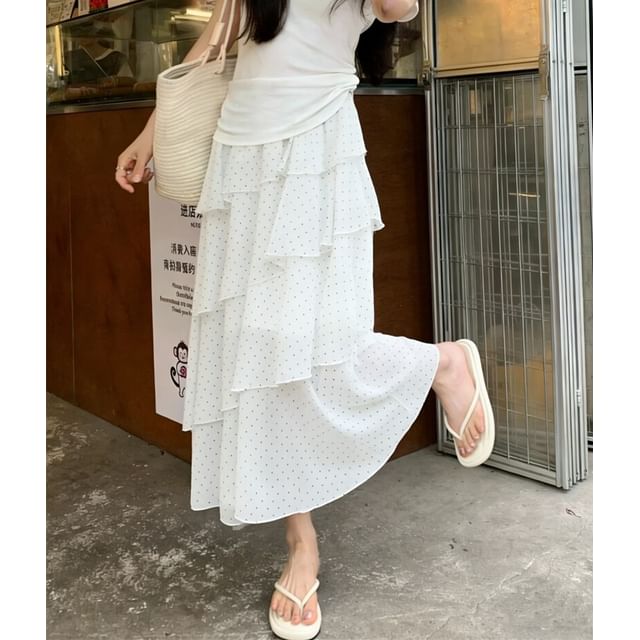 High Waist Dotted Asymmetric Midi Tiered Skirt