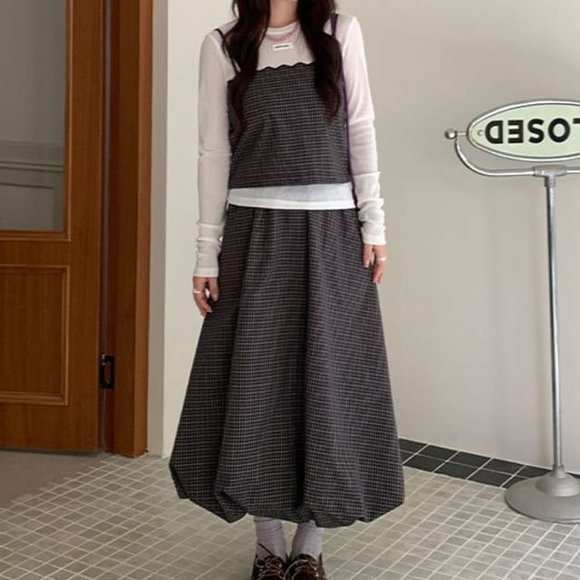 Set: Plaid Crop Camisole + Midi A-Line Skirt