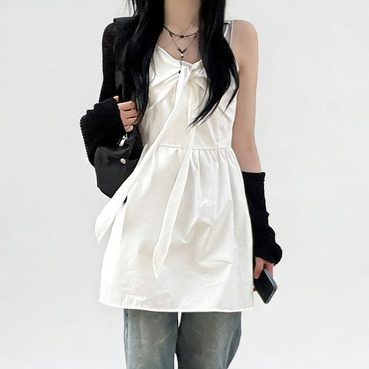 Spaghetti Strap V-Neck Plain Tie Front Mini A-Line Dress