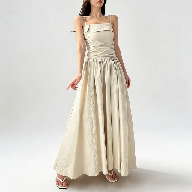 Spaghetti Strap Plain Ruched Maxi A-Line Dress