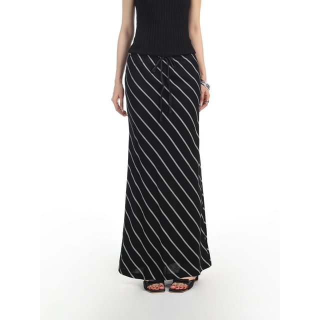 Drawstring Waist Diagonal Striped Maxi A-Line Skirt