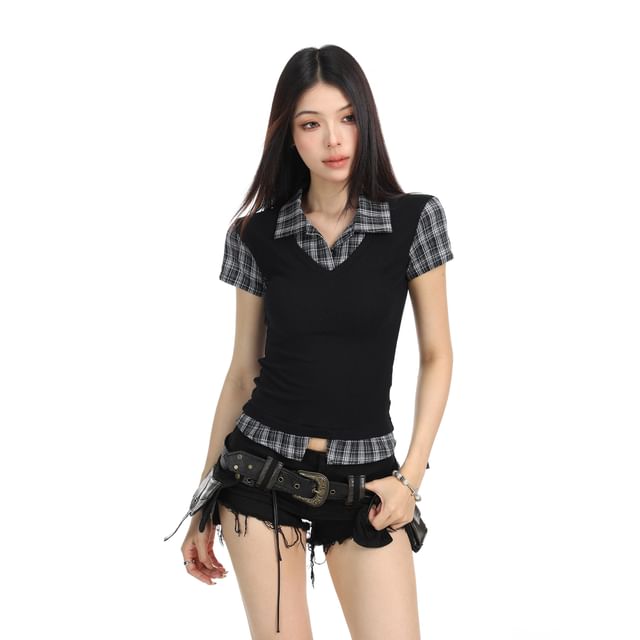 Plaid Collared Short Sleeve Mock Two Piece