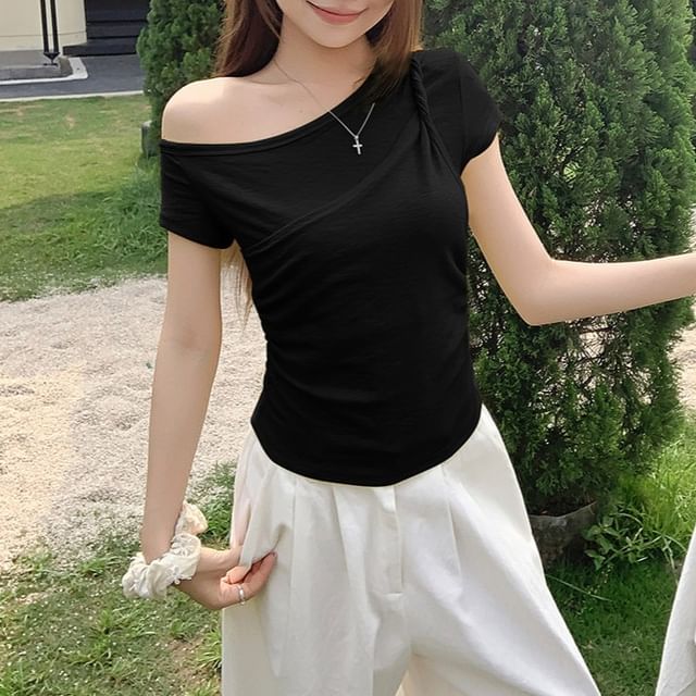 Asymmetric Ruch Off-Shoulder Crop Tee