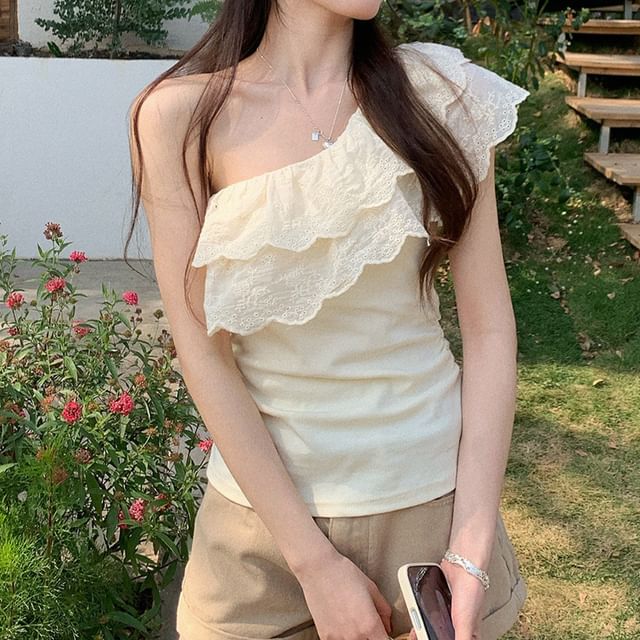 One-Shoulder Lace Panel Fitted Top