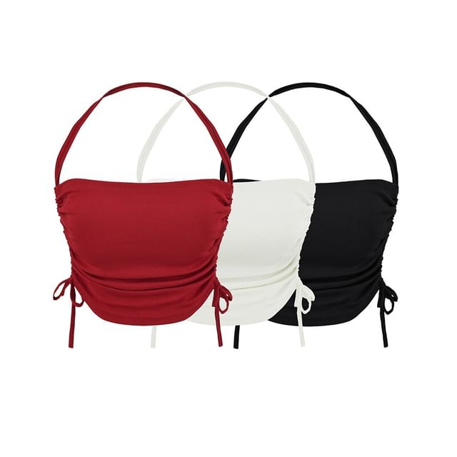 Padded Drawstring Cropped Halter Top