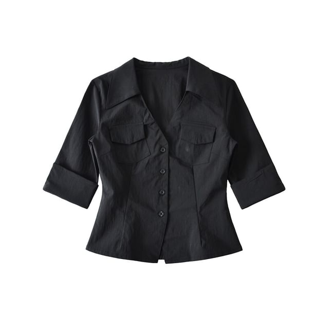 Collared V-Neck Flap Pocket Elbow Sleeve Shirt