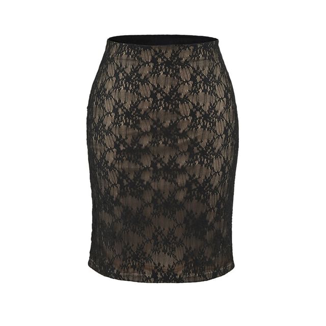 High Waist Lace Overlay Midi Pencil Skirt