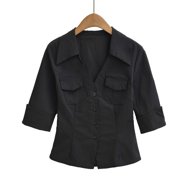 Collared V-Neck Flap Pocket Elbow Sleeve Shirt