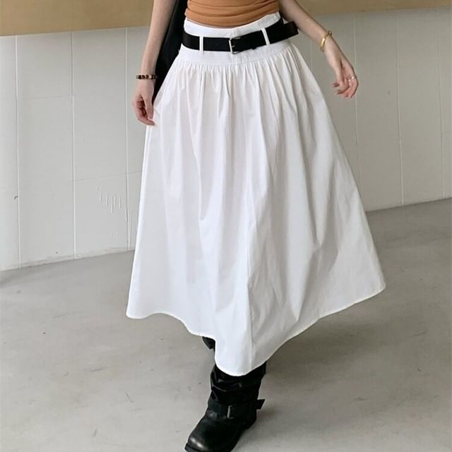 Mid Rise Plain Midi A-Line Skirt