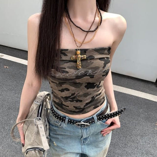 Camo Print Crop Tube Top with Rhinestone Accents