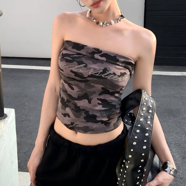 Camo Print Crop Tube Top with Rhinestone Accents