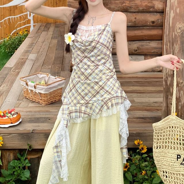 Asymmetrical Plaid Camisole with Cowl Neck and Lace Panels