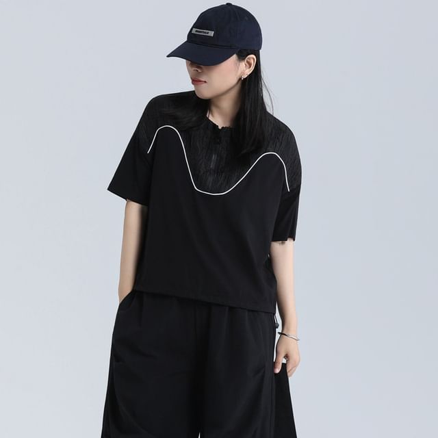 Half-Zip Contrast Panel Tee with Crew Neckline and Short Sleeves