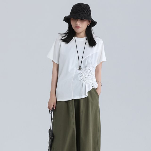 Asymmetrical Ruched Tee with Crew Neck and Short Sleeves