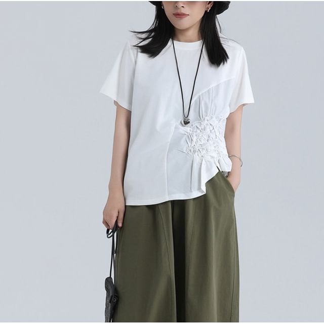Asymmetrical Ruched Tee with Crew Neck and Short Sleeves