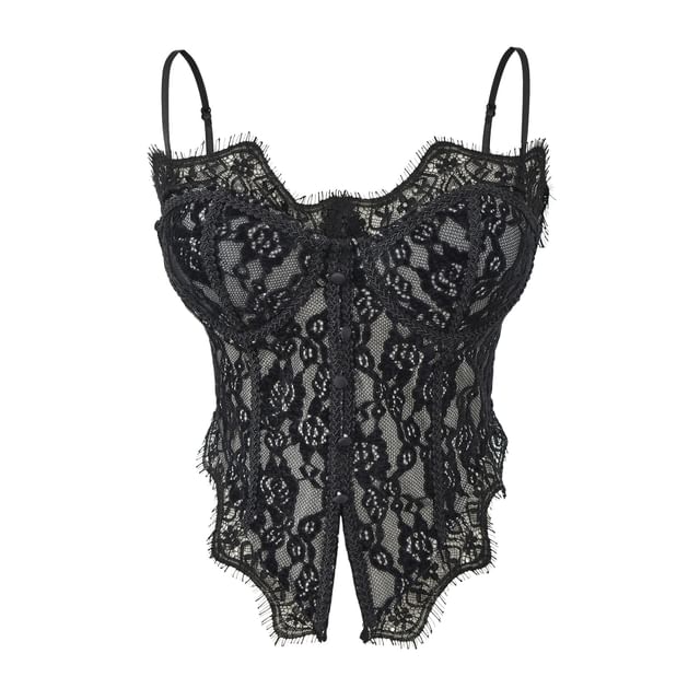 Lace-Trimmed Corset Crop Top with Slit