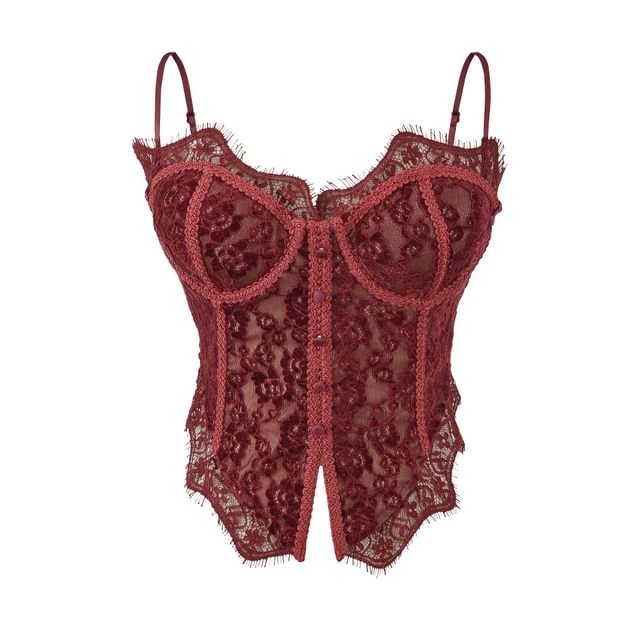 Lace-Trimmed Corset Crop Top with Slit