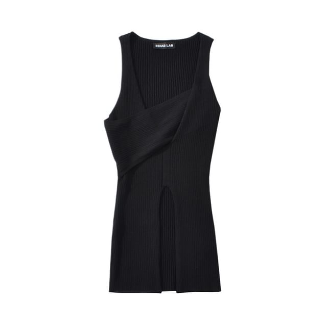 Asymmetric Neck Knit Tank with Slit